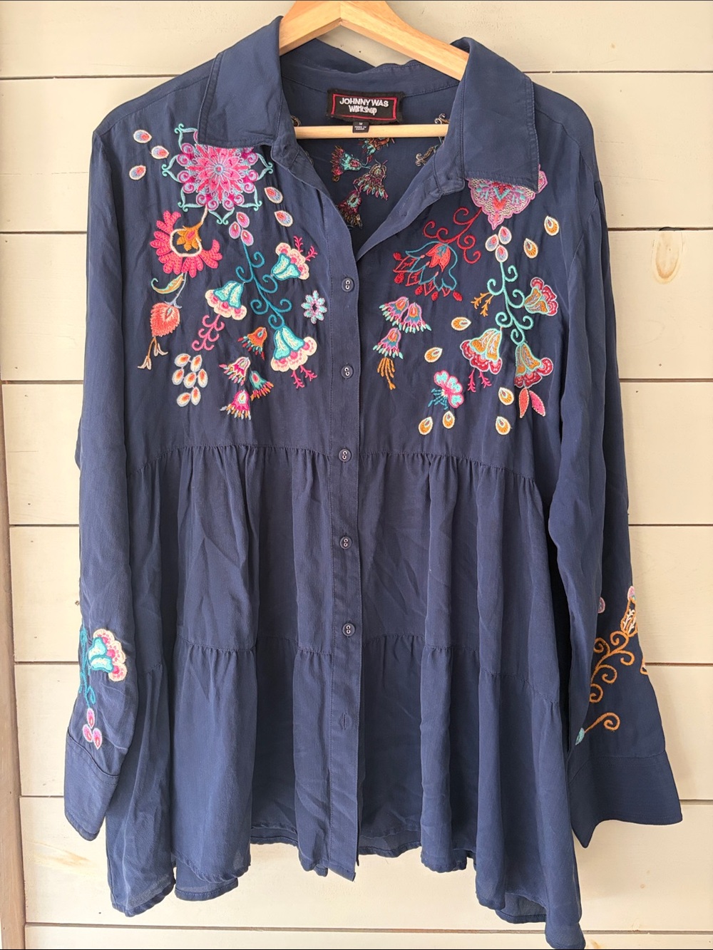 Johnny Was Embroidered Silk Tiered Button-Front Tunic Navy Size M